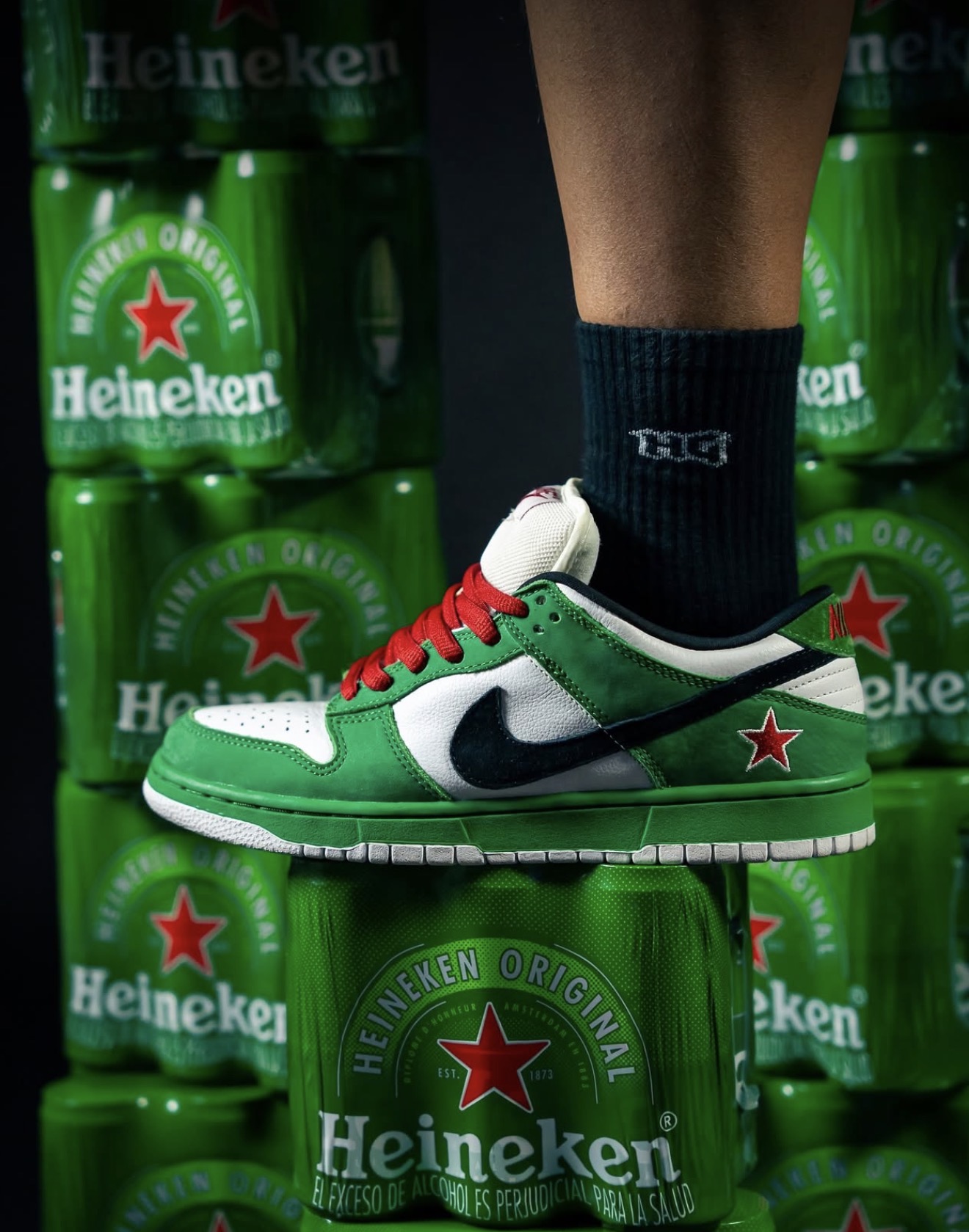 Nike SB Dunk Low Heineken on a wall of green cans — Holy Grail archive