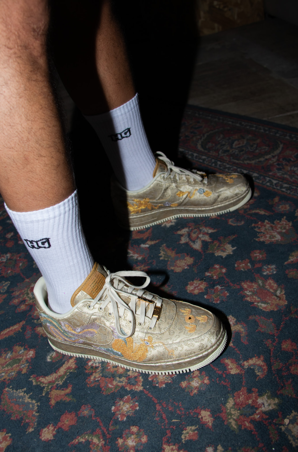 Golden embroidered sneakers with Holy Grail socks